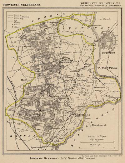 Gemeente Brummen anno ca. 1870, kaart J. Kuijper, exclusief de kennelijk begin 19e eeuw bestaan hebbende gemeente Hall