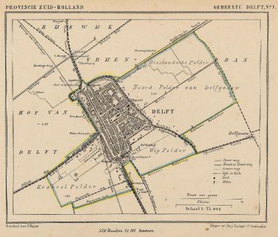 Gemeente Delft anno ca. 1870, kaart J. Kuijper. Duidelijk te zien is dat - zoals bij veel steden - de gemeente in die tijd nog niet veel meer omvatte dan wat nu het centrum noemen. Delft kon pas echt groeien na annexaties van omliggende gemeenten in 1921.