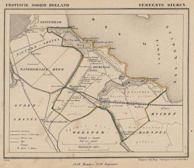 Gemeente Diemen anno ca. 1870, kaart J. Kuijper (collectie www.atlasenkaart.nl)