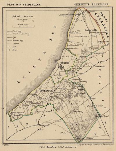 Gemeente Doornspijk anno ca. 1870, kaart J. Kuijper. De gemeente Doornspijk omsloot de gemeente Elburg en was zeer uitgestrekt; ze liep van de gemeente Ermelo (thans Nunspeet) in het Z tot de gemeente Kamperveen (thans Kampen) in het N.