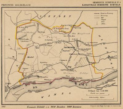 Gemeente Echteld anno ca. 1870, kaart J. Kuijper, exclusief de in 1818 opgeheven gemeente Ochten