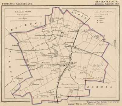 Gemeente Elst anno ca. 1870, kaart J. Kuijper, exclusief de in 1818 opgeheven gemeenten Elden en Lent