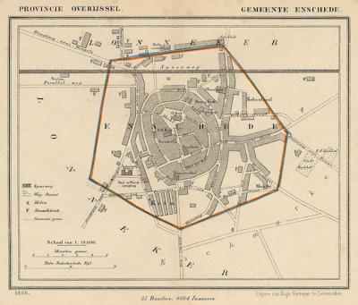 Gemeente Enschede anno ca. 1870, kaart J. Kuijper. Op deze kaart is goed te zien dat, zoals bij veel steden, ook de gemeente en stad Enschede oorspronkelijk niet veel meer was dan wat we nu het centrum noemen. (© www.atlasenkaart.nl)