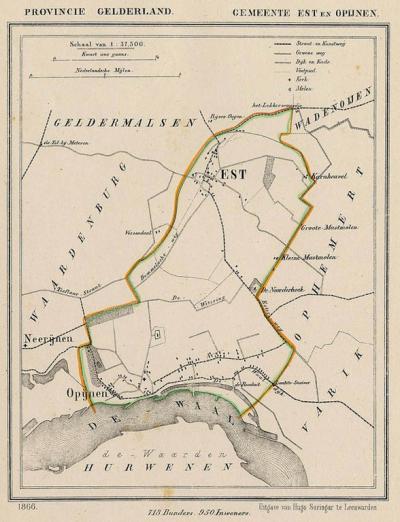 Gemeente Est en Opijnen anno ca. 1870, kaart J. Kuijper