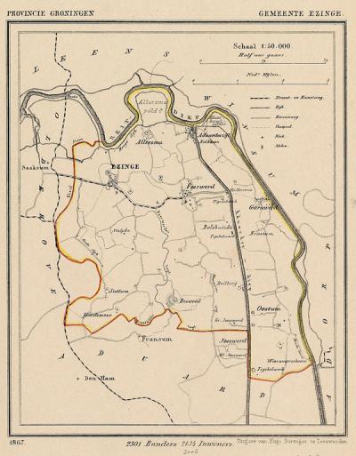 Gemeente Ezinge anno ca. 1870, kaart J. Kuijper (collectie www.atlasenkaart.nl)