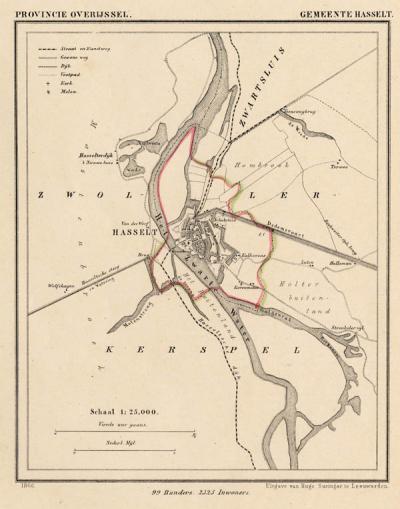 Gemeente Hasselt anno ca. 1870, kaart J. Kuijper (collectie www.atlasenkaart.nl)