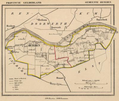 Gemeente Heteren anno ca. 1870, kaart J. Kuijper, exclusief de in 1818 opgeheven gemeente Randwijk. De rode lijn in het midden van de kaart suggereert dat er ook ooit een gemeente Driel zou zijn geweest, maar in onze bronnen kunnen wij dat nergens vinden.