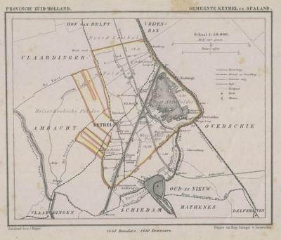 Gemeente Kethel en Spaland anno ca. 1870, kaart J. Kuijper. Hierop is goed te zien dat met name met buurgemeente Vlaardingerambacht sprake was van een nogal grillig grensverloop. Pas bij de annexaties van 1941 zijn grenzen rechtgetrokken.