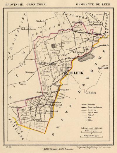Gemeente Leek anno ca. 1870, kaart J. Kuijper (collectie www.atlasenkaart.nl)