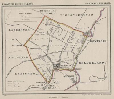 Gemeente Leerdam anno ca. 1870, kaart J. Kuijper. Tot 1986 omvat de gemeente Leerdam slechts de gelijknamige stad plus enkele buurtschappen. Pas in 1986 komen de gemeenten Schoonrewoerd en Kedichem (met Oosterwijk) erbij. (collectie www.atlasenkaart.nl)