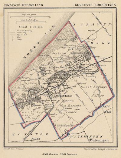 Gemeente Loosduinen in ca. 1870, kaart J. Kuijper. Loosduinen was qua grondgebied een vrij grote gemeente, die op hoofdlijnen ook de huidige stadsdelen Escamp en Segbroek omvatte. (collectie www.atlasenkaart.nl)