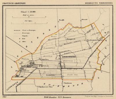 Gemeente Noordbroek anno ca. 1870, kaart J. Kuijper (collectie www.atlasenkaart.nl)