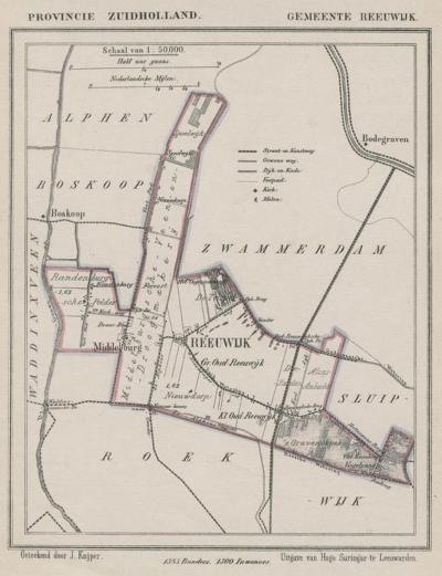 Gemeente Reeuwijk anno ca. 1870, kaart J. Kuijper. (© www.atlasenkaart.nl) Opvallend is het nogal grillige grensverloop van de gemeente Reeuwijk, vlak voor de annexatie van de gemeente Sluipwijk in 1870.