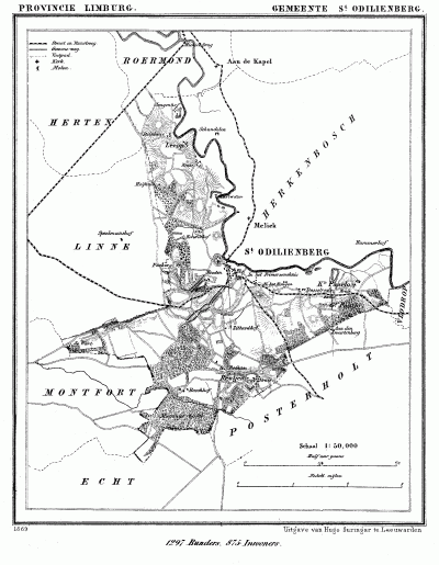 Gemeente Sint Odiliënberg in ca. 1870, kaart J. Kuijper