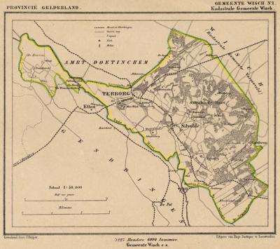 Kaart van de in 1818 opgeheven gemeente Terborg (op de kaart staat kadastrale gemeente Wisch, maar dat is een foutje van de kaartenmaker), situatie anno ca. 1870, kaart J. Kuijper