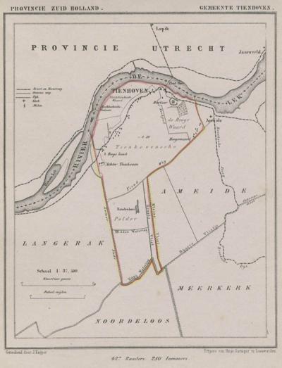 Gemeente Tienhoven (= het huidige dorp Tienhoven aan de Lek) anno ca. 1870, kaart J. Kuijper (collectie www.atlasenkaart.nl)