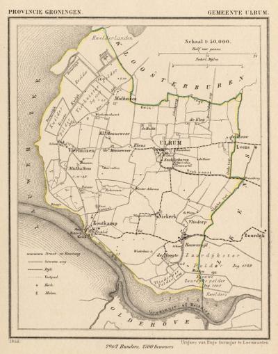 Gemeente Ulrum anno ca. 1870, kaart J. Kuijper (collectie www.atlasenkaart.nl)