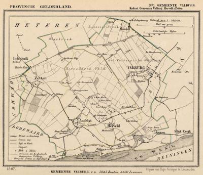 Gemeente Valburg anno ca. 1870, kaart J. Kuijper, exclusief de vermoedelijk in 1818 opgeheven gemeente Slijk-Ewijk