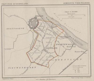 Gemeente Vierpolders anno ca. 1870, kaart J. Kuijper. Het was en is nog altijd een klein dorp - destijds Nieuwland geheten - met een groot buitengebied. (© www.atlasenkaart.nl)