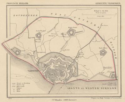 Gemeente Vlissingen anno ca. 1870, kaart J. Kuijper (© www.atlasenkaart.nl). Zoals veel steden was ook  Vlissingen in die tijd nog niet meer dan wat we tegenwoordig het Centrum noemen, met daaromheen de vijf forten en redoutes ter verdediging van de stad.