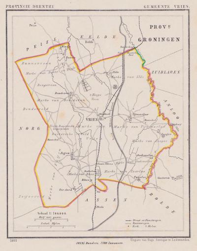 Gemeente Vries anno ca. 1870, kaart J. Kuijper (collectie www.atlasenkaart.nl)