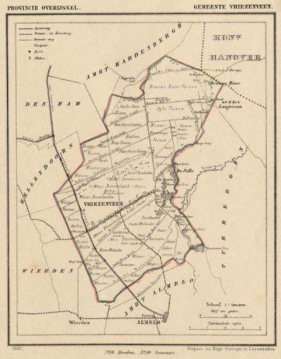 Gemeente Vriezenveen anno ca. 1870, kaart J. Kuijper (collectie www.atlasenkaart.nl)