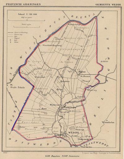 Gemeente Wedde anno ca. 1870, kaart J. Kuijper (collectie www.atlasenkaart.nl)