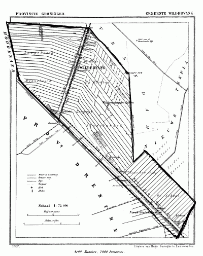Gemeente Wildervank in ca. 1870, kaart J. Kuijper. De uitstulping rechtsonderin was de buurtschap Bonnermond, die bij de herindeling van 1969 d.m.v. grenscorrectie naar de gemeente Stadskanaal is overgegaan.