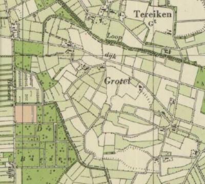 Op deze kaart uit ca. 1950 zijn delen van de oude landweer bij buurtschap Grotel nog herkenbaar. In 2020, bij de aanleg van de ecologische verbindingszone, is de landweer in ere hersteld.