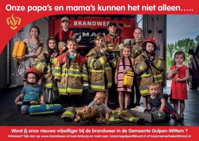 Wervingscampagne 2017 voor vrijwilligers voor de Brandweer Gulpen-Wittem. Zo te zien gaan de gezegden "Jong geleerd is oud gedaan" en "Je kunt er niet vroeg genoeg mee beginnen" hier wel op...