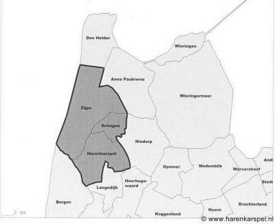 Kaart van de in 2013 tot de gemeente Schagen gefuseerde gemeenten Harenkarspel, Schagen en Zijpe (= het donkergrijze deel op de kaart)