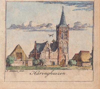 Kerk Haringhuizen en omliggende panden, kopergravure van A. Zeeman, 1732 (© www.kunsthandelnobra.nl)
