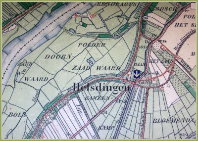Van 1814 tot 1900 was er een tol te Helsdingen aan de Rijksweg van Amsterdam naar Parijs v.v. Op deze kaart, van rond 1900, staat hij nog vermeld (zie de pijl). Ook is goed te zien dat vele wegen hier bij elkaar komen. (© Jan Dijkstra, Houten)