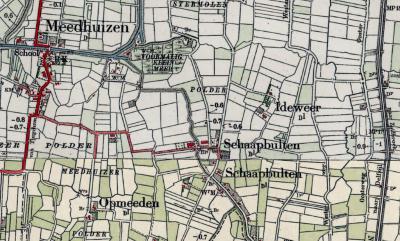 Hier zien we de ligging van de oorspronkelijke buurtschap Ideweer - NO van Schaapbulten -, die slechts twee boerderijen omvatte. Deze zijn begin jaren dertig afgebroken. ZO hiervan zijn rond 1970 drie boerderijen gebouwd die men nu als Ideweer beschouwt.