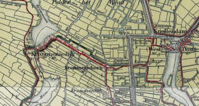Dorp Krommeniedijk e.o., kaart uit ca. 1900. Vroeger werd de bebouwing rond het O uiteinde van de Krommeniedijk als aparte buurtschap Krommeniehorn beschouwd. In de jaren vijftig van de 20e eeuw is deze plaatsnaam van de kaart geveegd.
