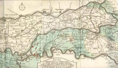 Kaart van de overstroming van het Land van Maas en Waal, 1757 (bron: Nederlandsch Jaarboek, 1757)