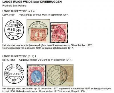 In 1872 krijgt de gemeente Lange Ruige Weide een hulppostkantoor, met in de poststempels de gemeentenaam in plaats van de vestigingsplaats. Pas in 1967 wordt de kantoornaam gewijzigd in Driebruggen. (© http://poststempels.nedacademievoorfilatelie.nl)