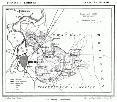 Gemeente Maasniel rond ca. 1870, kaart J. Kuijper