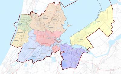 Dit zijn de 30 gemeenten en de zeven deelregio's van de Metropoolregio Amsterdam (met de klok mee: Almere-Lelystad, Gooi en Vechtstreek, Amstelland-Meerlanden, Zuid-Kennemerland, IJmond, Zaanstreek-Waterland en Amsterdam).(©www.metropoolregioamsterdam.nl)