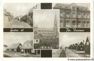 Nieuw-Vossemeer, Groeten uit; Achterstraat, Weenerstraat, Oslostraat, Huize Nazareth en RK kerk, 1958