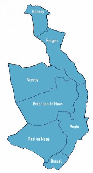 Een bijna complete kaart van de regio Noord-Limburg. Alleen de gemeente Mook en Middelaar moet je er bovenin nog bij denken. Overigens is die gemeente voor de meeste regionale samenwerkingsverbanden op Gelderland georiënteerd. (© www.meedemeentgroep.nl)