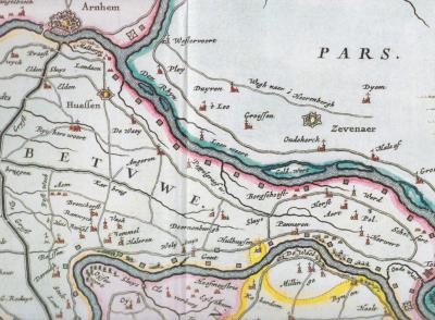 Op deze kaart uit 1663 (Blaeu) is duidelijk te zien dat de huidige gemeente Rijnwaarden ook tot de (Over-)Betuwe behoorde. Door het gereedkomen van het Pannerdens Kanaal in 1707 is het hiervan afgesneden, waardoor het nu tot de Liemers wordt gerekend.