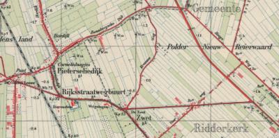 De westelijke 'randweg' om de Polder Nieuw-Reijerwaard heette tot in de jaren zestig Pieterseliedijk, met gelijknamige buurtschap. Die weg heet nu Reijerwaardseweg, dus daarom stellen wij voor de buurtschap nu Reijerwaard te noemen. (© www.kadaster.nl)