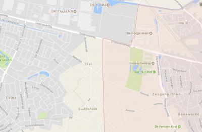 Riel, vanouds een buurtschap van de gemeente Zesgehuchten, is bij de opheffing van die gemeente per 1-5-1921 aan de gemeente Geldrop toebedeeld. Door een grenscorrectie in 1973 is het deel W van de rode streep onder Eindhoven komen te vallen. (© Google)