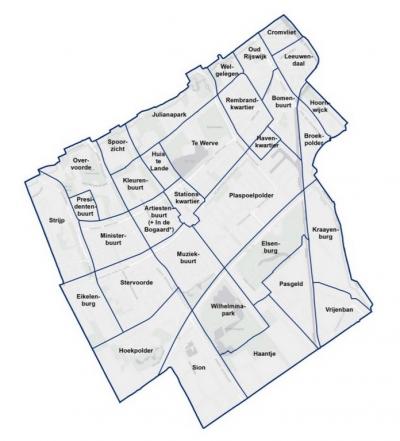 Kaart met de 32 buurten in de gemeente Rijswijk (© gemeente Rijswijk)