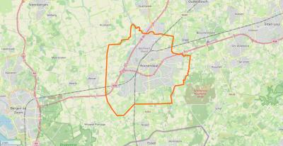 Roosendaal ligt in het ZW van de provincie Noord-Brabant, ZW van Breda en Etten-Leur, NO van Bergen op Zoom. (© www.openstreetmap.org)