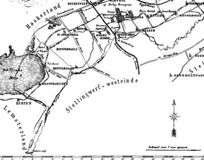 Deel van de gemeentekaart van Schoterland, anno ca. 1870, met in het ZW het 'wormvormig aanhangsel' van het streekje Schoter Uiterdijken. Per 1-7-1934 gaat dat naar de gem. Haskerland, per 1-7-1944 naar gem. Lemsterland en daarmee naar het dorp Bantega.