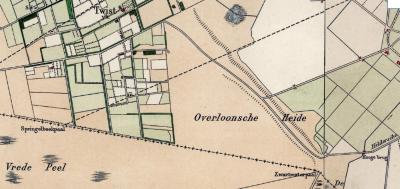 Op deze kaart uit ca. 1920 is het hier nog 'woeste grond' zoals men dat in die tijd noemt. De weg die tegenwoordig Siberië heet, was in de jaren 1890 al wel door de Overloonse Heide heen aangelegd. (© van de beide kaarten: www.kadaster.nl)