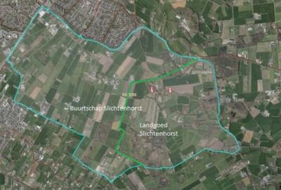 Op deze kaart zie je de buurtschap Slichtenhorst en het daarbinnen gelegen gelijknamige landgoed duidelijk afgebakend.