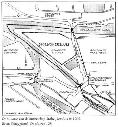 Stolwijkersluis, op deze kaart uit 1902 worden de vele bruggen en sluizen in dit gebied én de voorheen complexe gemeentelijke situatie van deze buurtschap duidelijk gevisualiseerd.